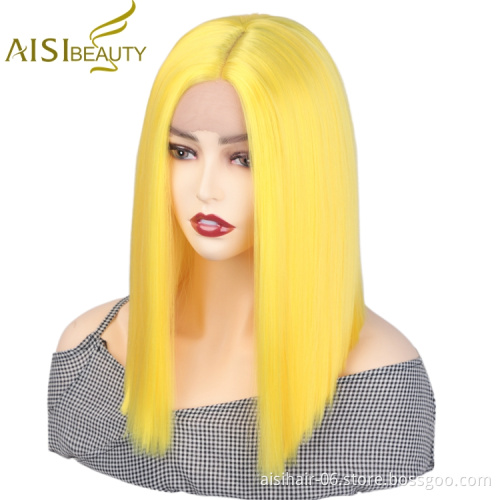 Aisi Beauty Hot Selling Supplier Shoulder Length Silky Straight Middle Part Yellow Synthetic Hair For Black Women Lace Front Wig